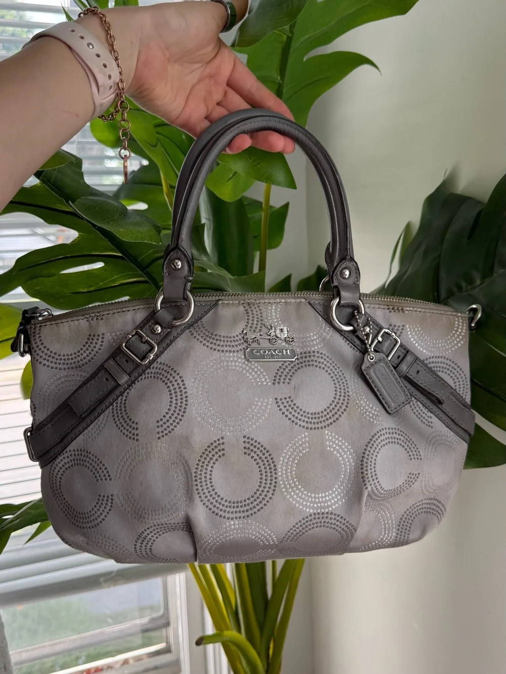 COACH Gray Perforated Circle Satchel with Dark Gray Trim